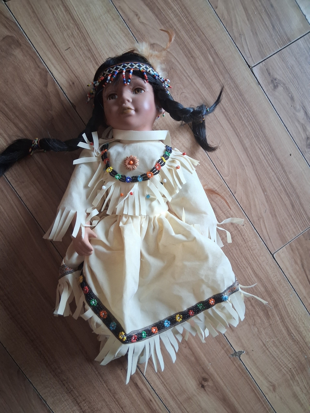 Cream Native-Style Girls' Doll with Beaded Trim and Braided Hair